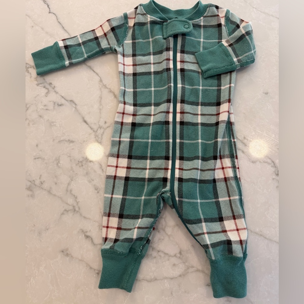 Hanna Andersson Cute boys Teal & White Plaid Footed One-Piece